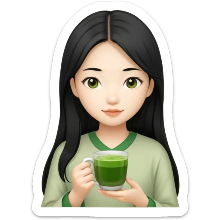 make an asian girl with long hair that loves matcha (in a cup not glasses) sticker