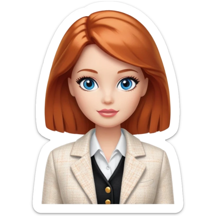 A Barbie girl with blue eyes, shoulder-length reddish-brown hair with makeup, wearing a white tweed jacket and a black skirt stands with hiskin orange cream sticker