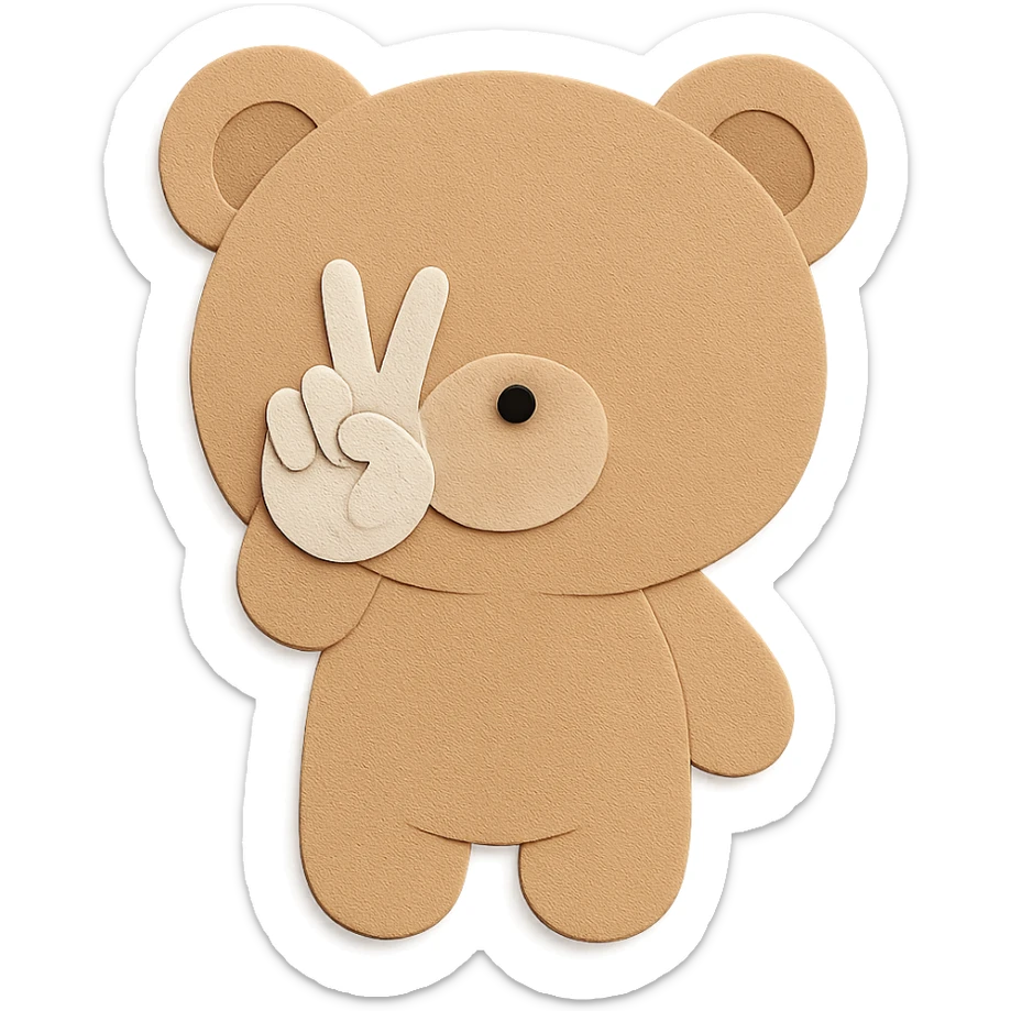 Update the eyes and nose/mouth area of the bear head with peace sign hand gesture to match exactly the color and features of the reference image. Keep all other features, colors, and the paper craft style unchanged. Clean lines, transparent background. sticker