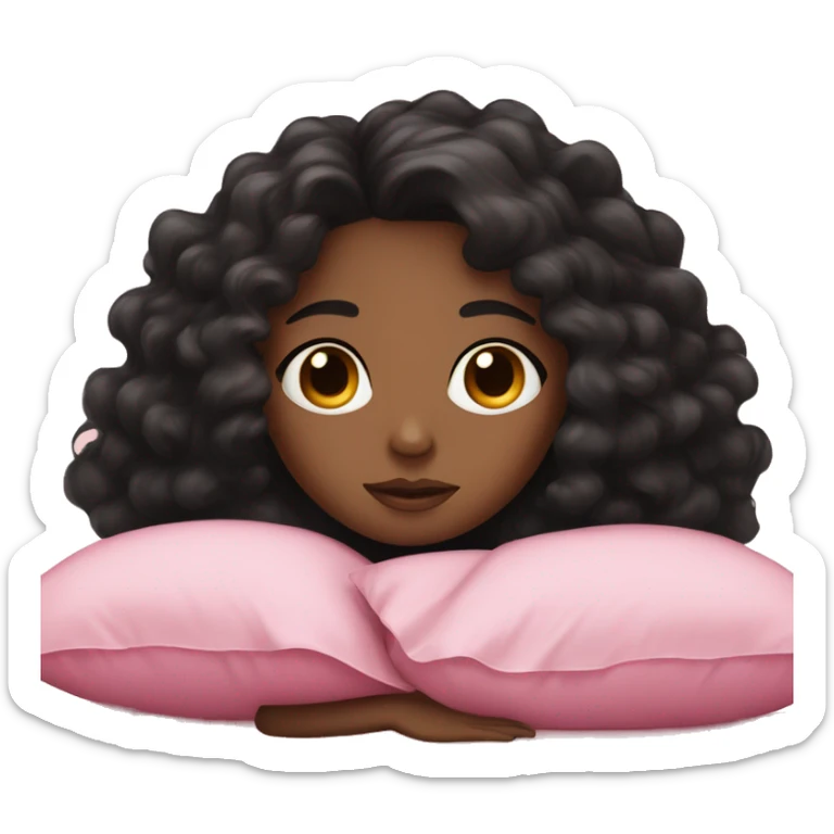 A girl with brown skin with curly and black hair sleep with pink bed cover sticker