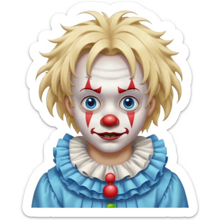 creepy clown boy with messy very long long blonde hair, blue eyes sticker
