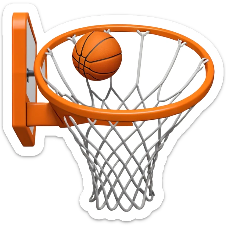 A close-up of a basketball hoop with the ball swishing through the net, captured mid-air. The background emphasizes the tension and excitement of the moment, with the rim and net in sharp focus, showcasing the precision and skill of the sport. sticker