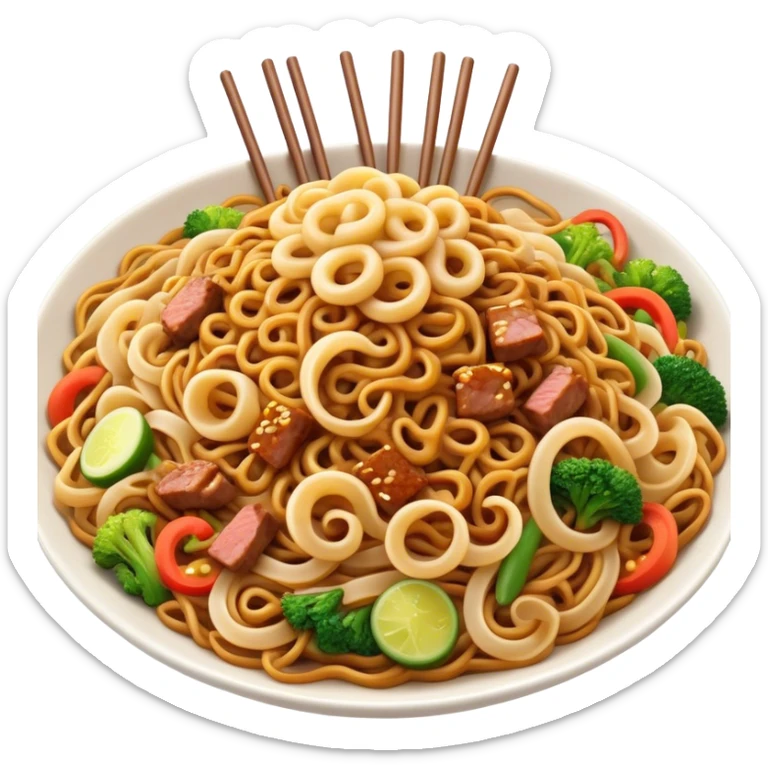 Cinematic Realistic Mie Goreng Dish Emoji, featuring stir‚Äêfried noodles with vegetables and meat rendered with dynamic textures and warm, appetizing lighting. sticker