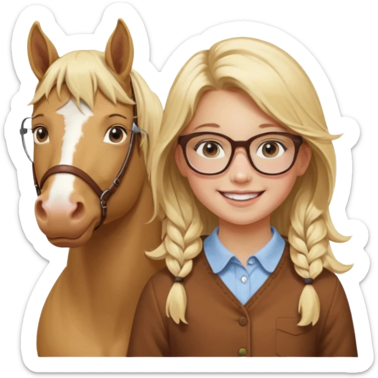 je voudrai un emoji d'une fille aux cheveux longs et blonds avec des lunettes qui fait plein de choses droles (1 avec un cheval, 1 derrière un écran ou une console, une entrain de découper, une entrain de faire un jeu de société, une qui cuisine, sticker