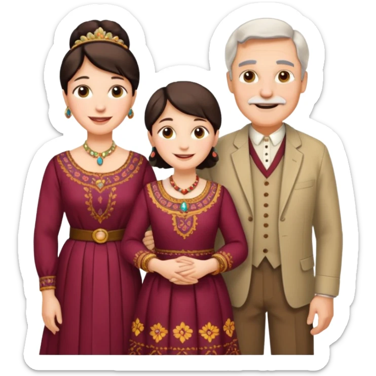 Indiana family with a 70 years old father and mother and a 40 years old daughter. They wear a traditional dress. They are smiling. sticker