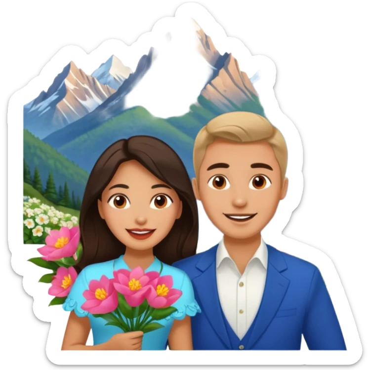Excited Couple traveling  russian man and elegant  Latina girl delicate flowers and mountains in the background  sticker