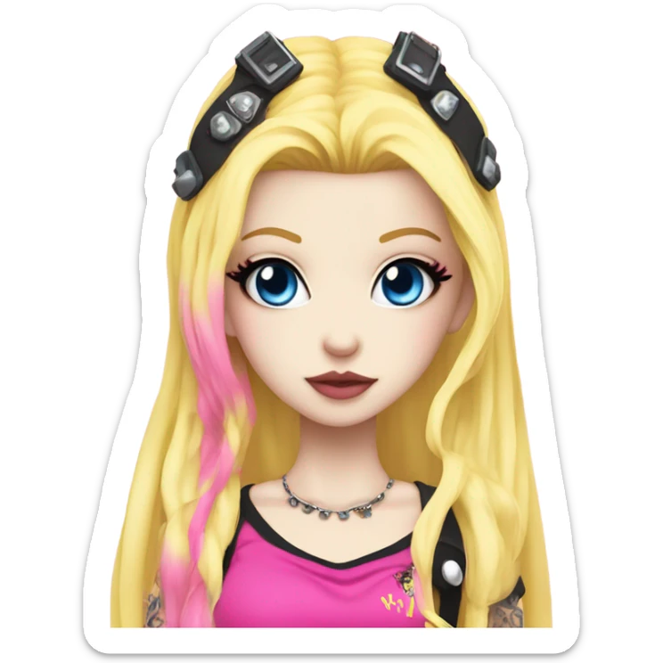 Blue eyed pale hime gyaru girl, hot pink and yellow split-dyed hair, dark makeup, punk clothes sticker