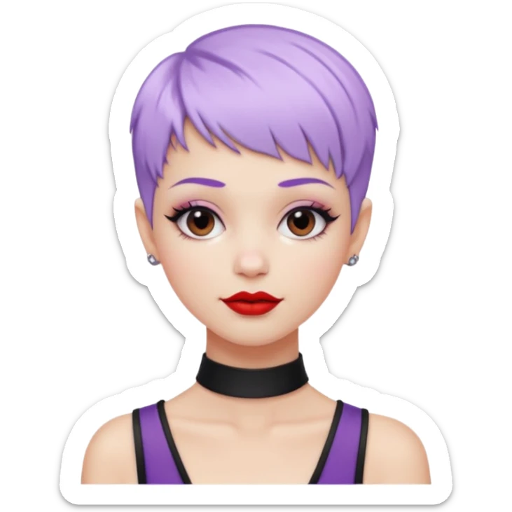 fashionista white girl, pastel purple short pixie hair, black choker, red lipstick, lip ring, half smile sticker