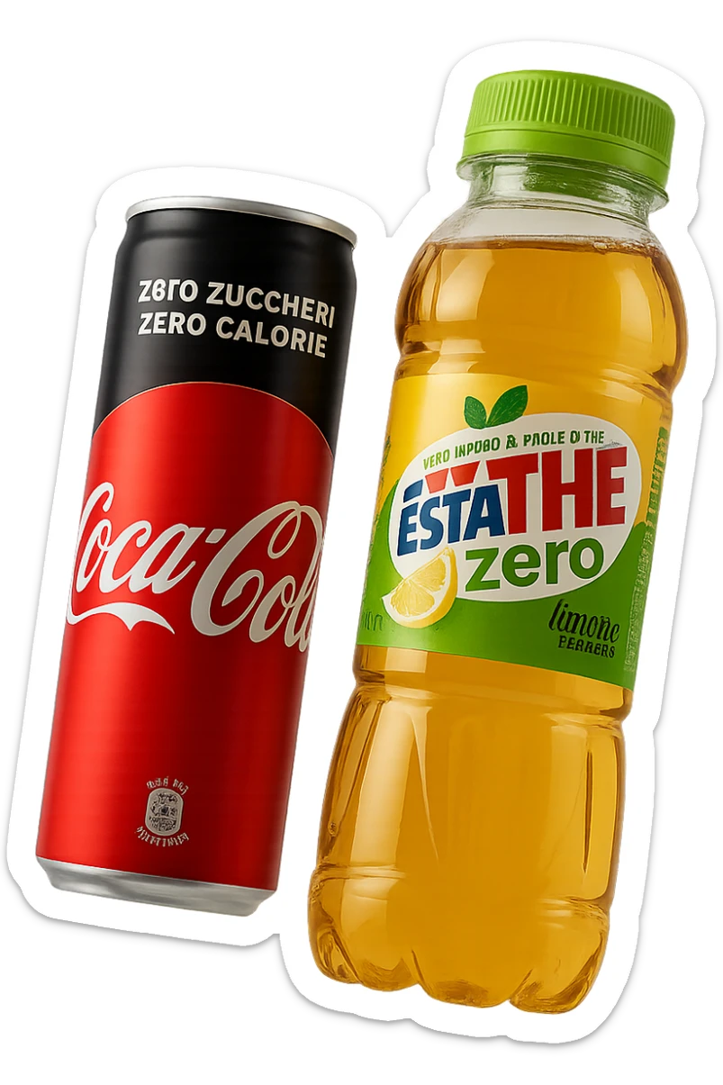 lattina di coca cola zero fluttua accanto a bottiglia di esta-thè zero, iperrealistiche 4k sticker