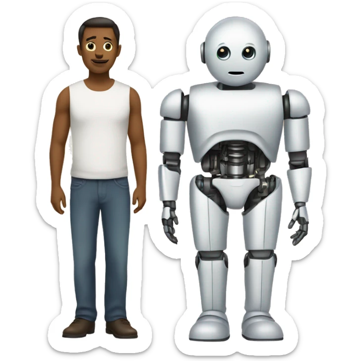 The half of part is a man, the other half is a robot. With map on hand sticker