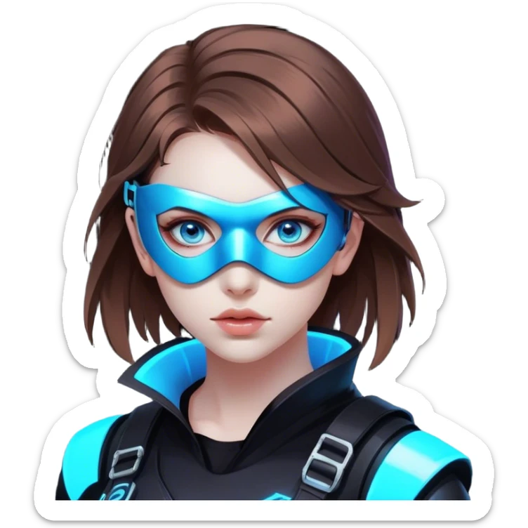 neon cyberpunk style 
girl with brown hair and blue eyes wearing a mask sticker