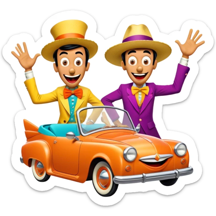 A vintage movie poster-style design with two goofy characters in outrageous outfits, showing exaggerated, silly expressions. Include elements like a goofy car, ridiculous props, and comical facial expressions. Retro comedic style with vibrant colors. Transparent background. sticker
