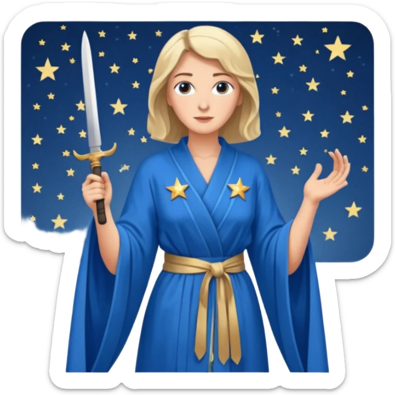 An upright Europe (a tall woman), wearing a blue, flowing robe with stars on the hem, and behind her stands Chancellor Merz, holding a knife toward her back 
you forgot chanccellor merz behind her sticker