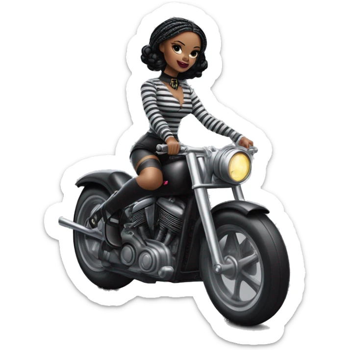Jeffery New York Lingerie Barbie Wednesday Addams from academy in vertically striped gray and black outfit. riding a wheelie on a hot rod bike sticker