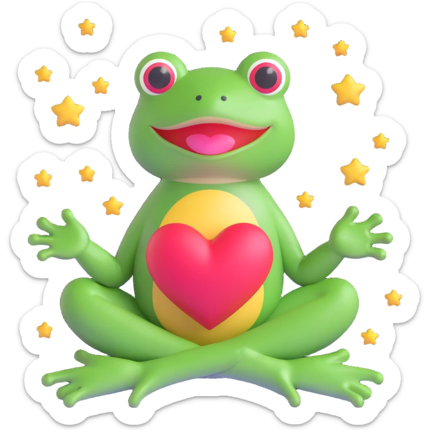A 3D emoji of a frog sitting cross-legged on a pink mat with a heart floating above it, surrounded by small stars, in the style of iOS 18 emojis. sticker