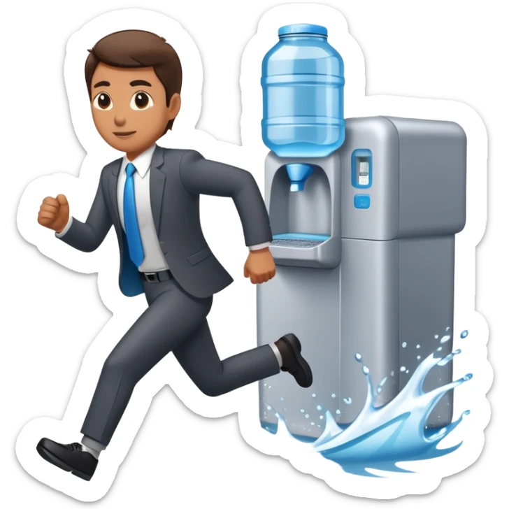 Company director running a marathon in a business suit next to a water cooler sticker