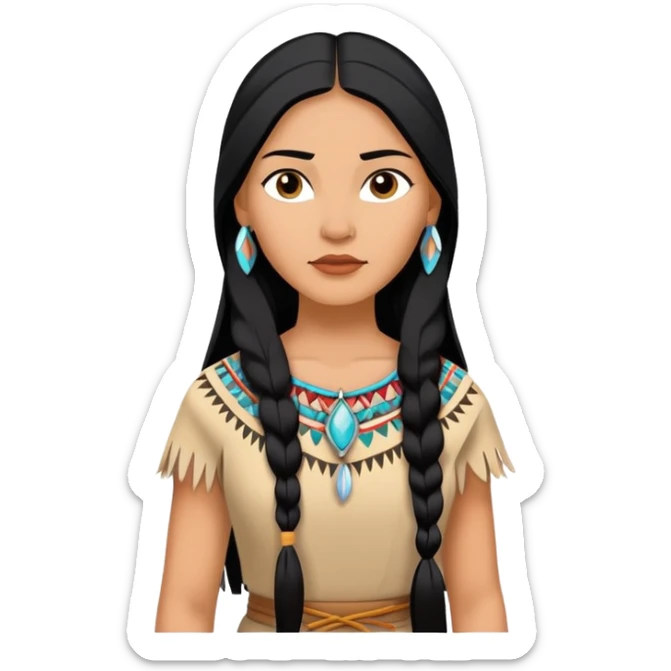 Pocahontas from hips up, Native American dress, long black hair, minimal style, larger size sticker