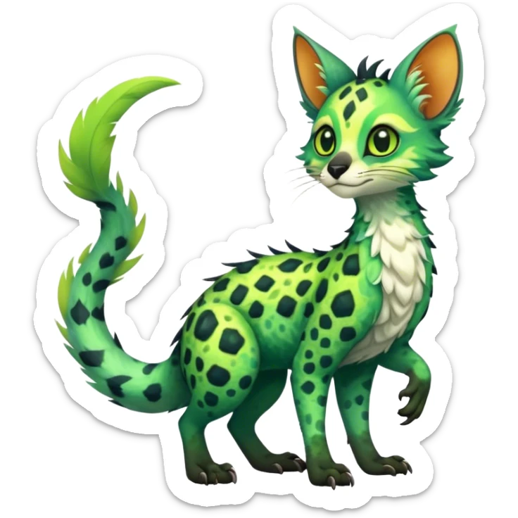 Feral Rare Fantasy vibrant colorful tropical Vernid-Trico-species by LiLaiRa, random markings, tufted tail, tufted ears, full body sticker