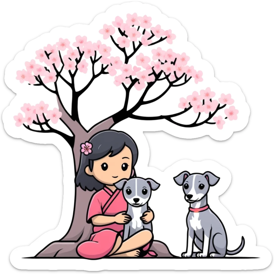 A young Chinese girl with long black hair and a pure grey Italian Greyhound with no white markings sitting under a cherry blossom tree sticker