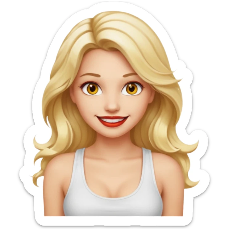 a woman with white tank top and smile, her hair is long wavy blonde hair, her face is baddie girl style, her eyes color are yellow and the color of her lip is soft red sticker
