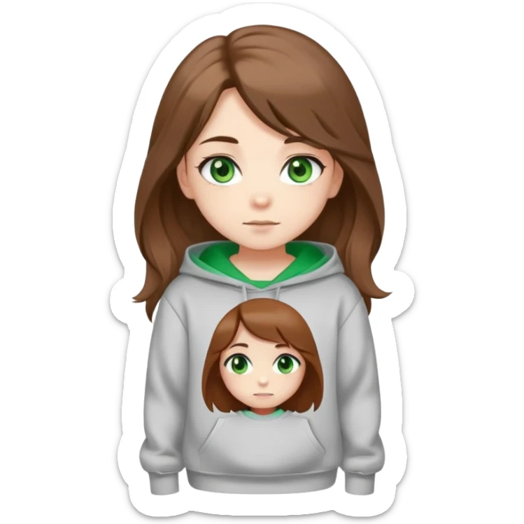Chibi girl with green eyes, long brown unruly hair, S-With shaped eyebrows. Dressed in a sweatshirt. Says hello.  sticker