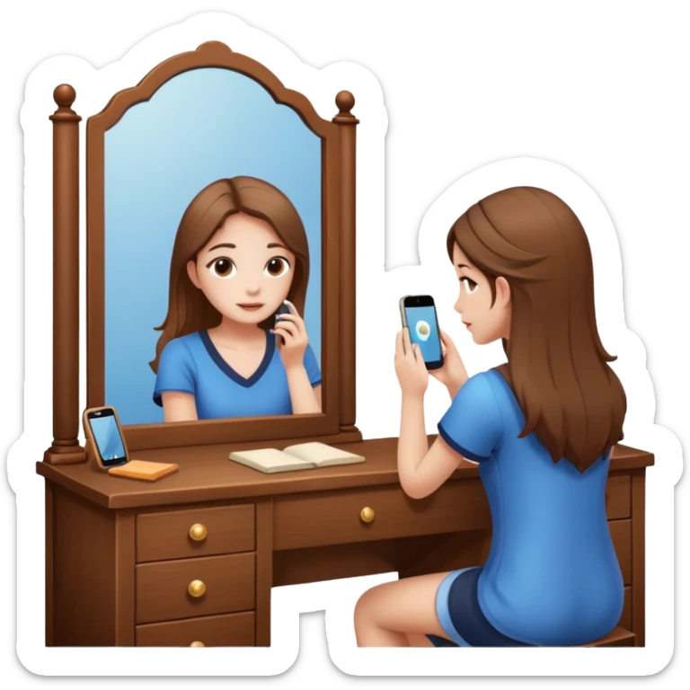 Girl sitting at vanity taking out picture with iphone 15 plus in the mirror and study materials on the vanity sticker