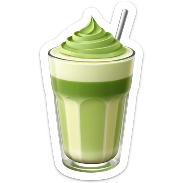 Matcha latte glossy 3D en vaso de vidrio minimalista, realista, estilo sticker, sin cara ni rasgos humanos, capas matcha y leche suaves, espuma ligera arriba, reflejos sutiles, fondo transparente. sticker