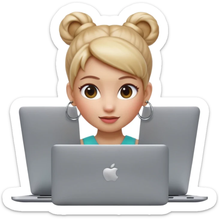 3D Apple Memoji–style emoji, female character with high bun and hoop earrings, peeking over a silver laptop, soft lighting, smooth plastic texture, transparent PNG, 4K. sticker