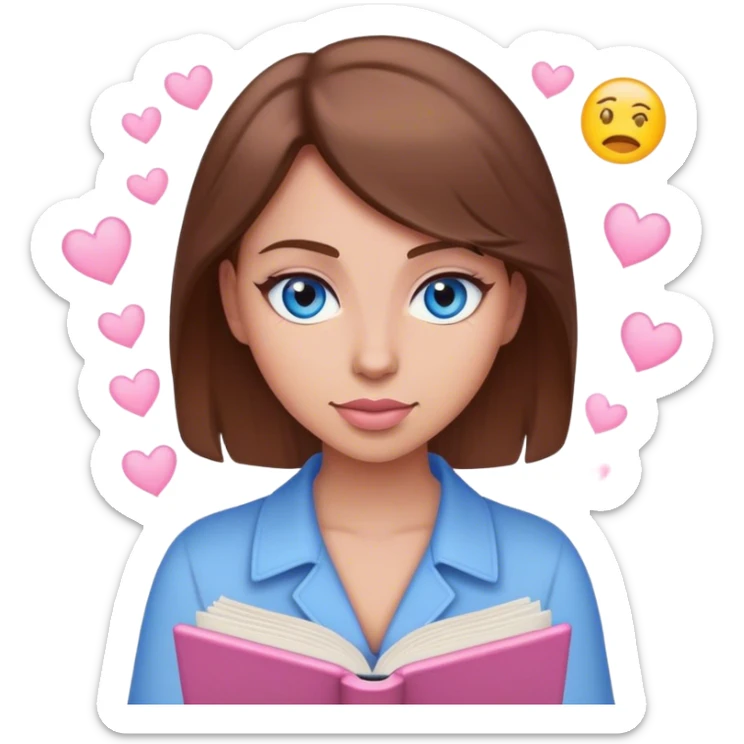 female writer with emoji face, brown hair and blue eyes writing a light pink romance novel sticker