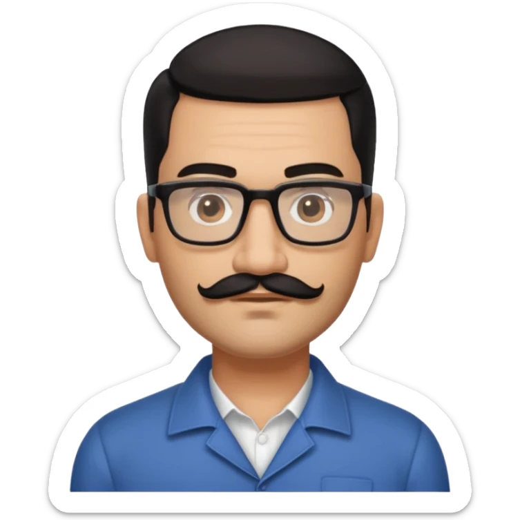 Attractive Hispanic TV host in his mid to late 40s with light brown skin, short straight black hair slicked back with fade on sides, square handsome face with strong jawline, friendly approachable expression, black beard and moustache, wearing glasses sticker