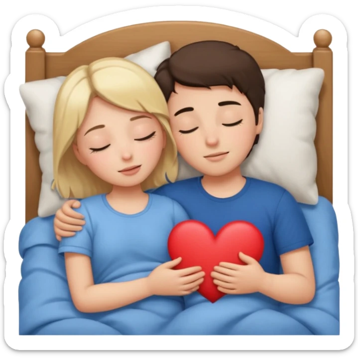 cuddling in bed, asleep. blonde girl. brunette boy. eyes closed. heart between them. sticker