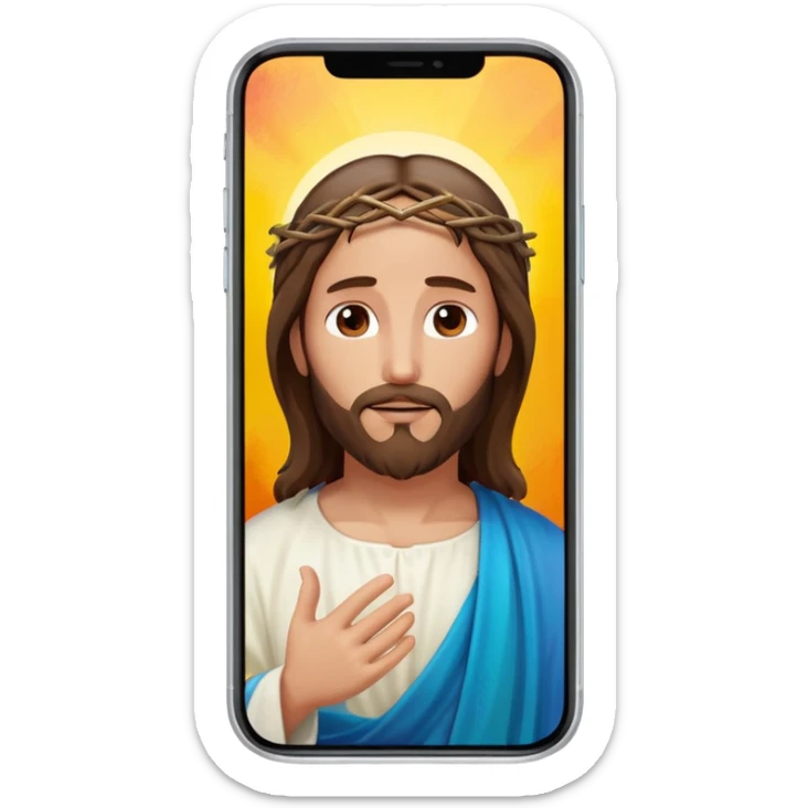 iPhone screen showing a digital painting of Jesus, clearly visible on the phone display sticker