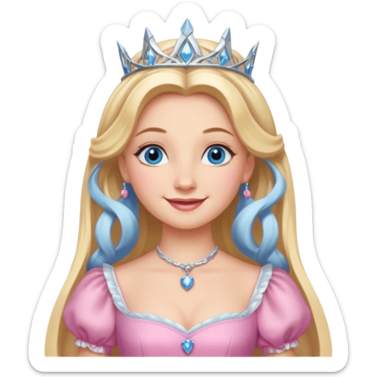 Glinda from the Wizard of Oz with blue eyes, blonde long hair, pink outfit sticker