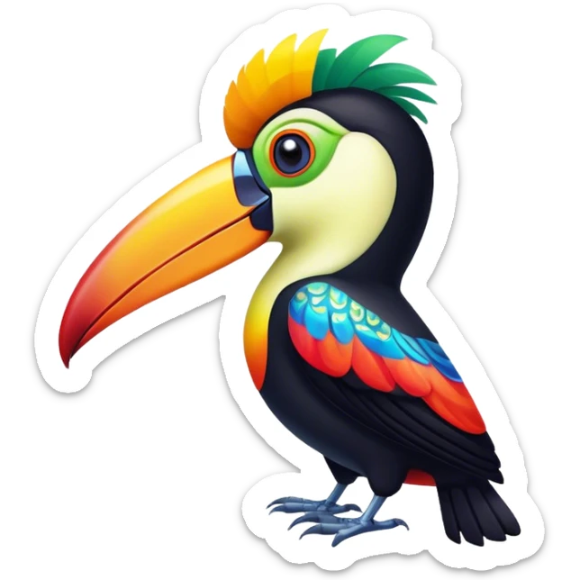 Cinematic Noble Toucan Portrait Emoji, Poised and regal, with a vibrant, striking beak and a sleek, colorful body adorned with bold patterns and keen, observant eyes, Simplified yet sharp and sophisticated features, highly detailed, glowing with a soft, tropical radiance, high shine, intelligent and majestic, stylized with an air of exotic elegance, focused and alert, soft glowing outline, capturing the essence of a watchful and confident avian guardian that appears ready to take flight out of the screen with effortless authority! sticker
