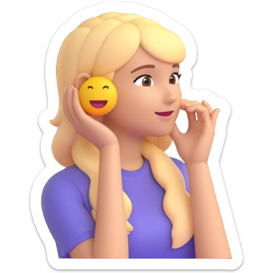 girl listening to viewer, side view, hand to ear, emoji style, with blonde hair sticker