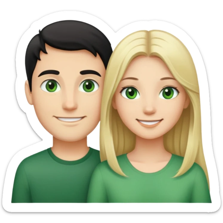 Smiling couple of blonde girl with long hair green eyes and boy with short black hair and green eyes sticker