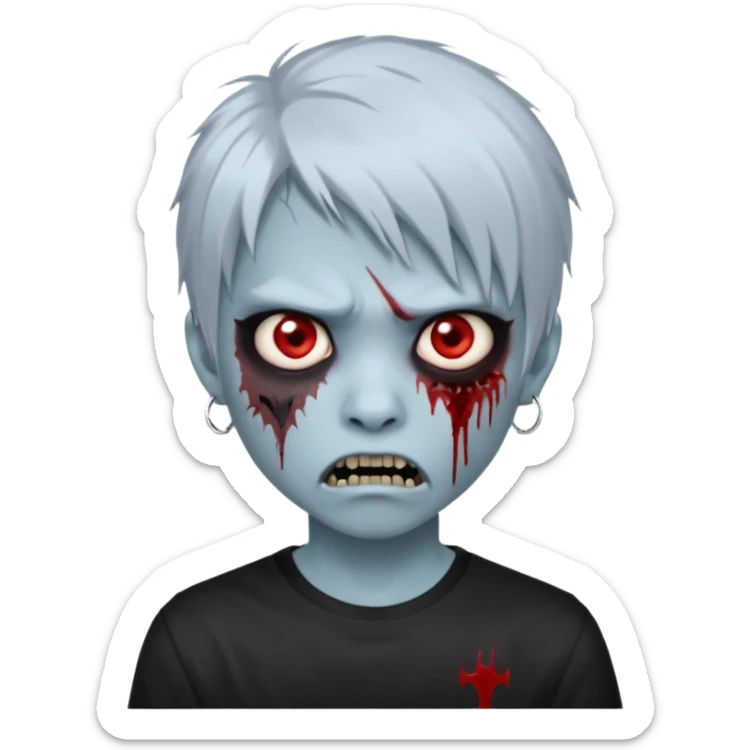  3D emoji-style avatar with very pale blue-grey zombie skin , a young Asian face, and large eyes with blood tears. Give it white litle bit messy mullet hair style , silver hoop earrings, and a plain black T-shirt. The face expression should be slightly angry, with vampire fang sticker