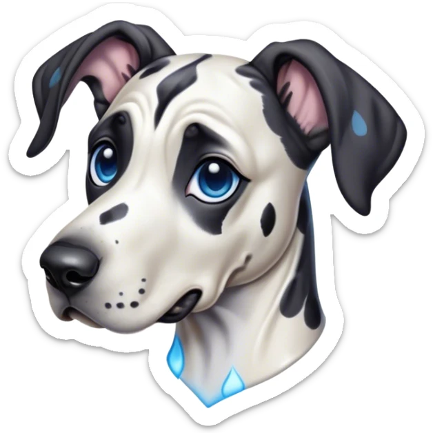 Cinematic Cute Harlequin Great Dane Portrait Emoji, Head tilted playfully and inquisitively, featuring a glossy coat of predominantly white with dynamic black patches, round, sparkling blue eyes filled with gentle curiosity, Simplified yet irresistibly adorable features, highly detailed, glowing with a warm, friendly glow, high shine, affectionate and gentle, stylized with a touch of whimsy, bright and endearing, soft glowing outline, capturing the essence of a mischievous yet loving pup, so playful it feels like it could lumber out of the screen and into your arms! sticker