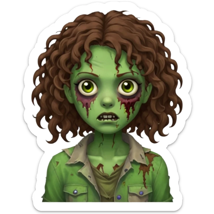 Faça uma garota zombie de cabelo cacheado castanho, olhos castanhos escuro e pele verde d zombie, com o cabelo abaixo do ombro sticker