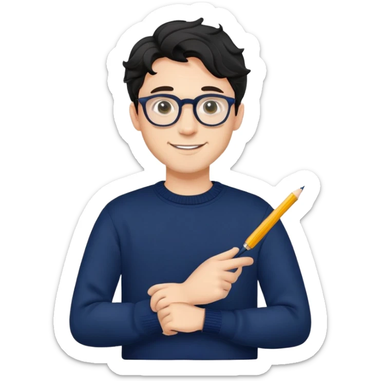Young caucasian man with black wavy hair, round glasses, navy blue sweater, confident trustworthy smile, professional designer with pen sticker