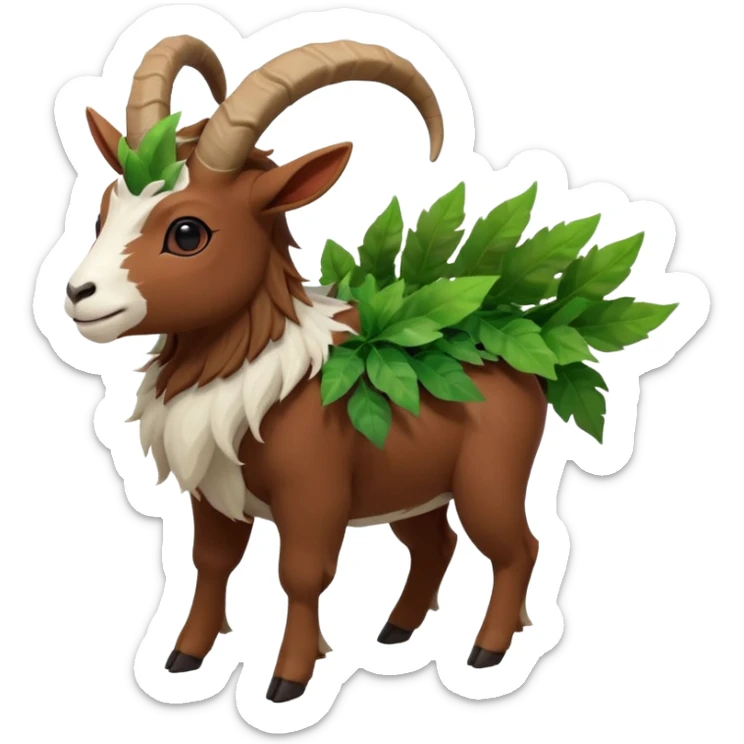 A kid riding on gogoat the quadrupedal, goat-like Pokémon with a brown, furry body and a leafy, green mane that extends down its back. It has large, black, curved horns, white fur on its face, a black nose, and red eyes. Its legs are shorter and lighter in color around the feet, back sticker
