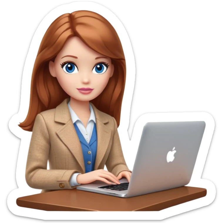 A Barbie girl with blue eyes, shoulder-length reddish-brown hair, made-up, wearing a beige tweed jacket and a beige skirt, is sitting with a MacBook sticker
