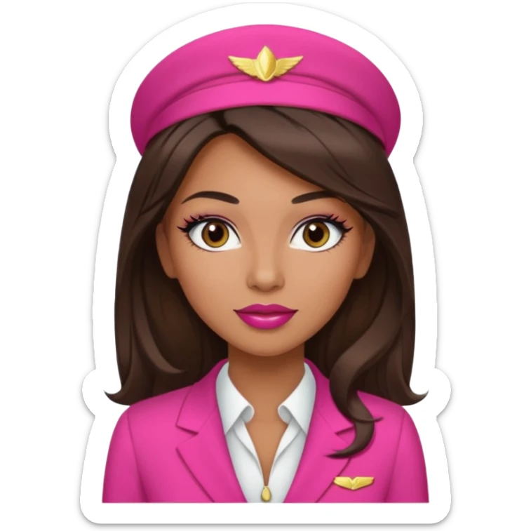Flight attendant with pink outfit tan skin long dark brown hair with blonde highlights pretty makeup long lashes red lipstick  sticker