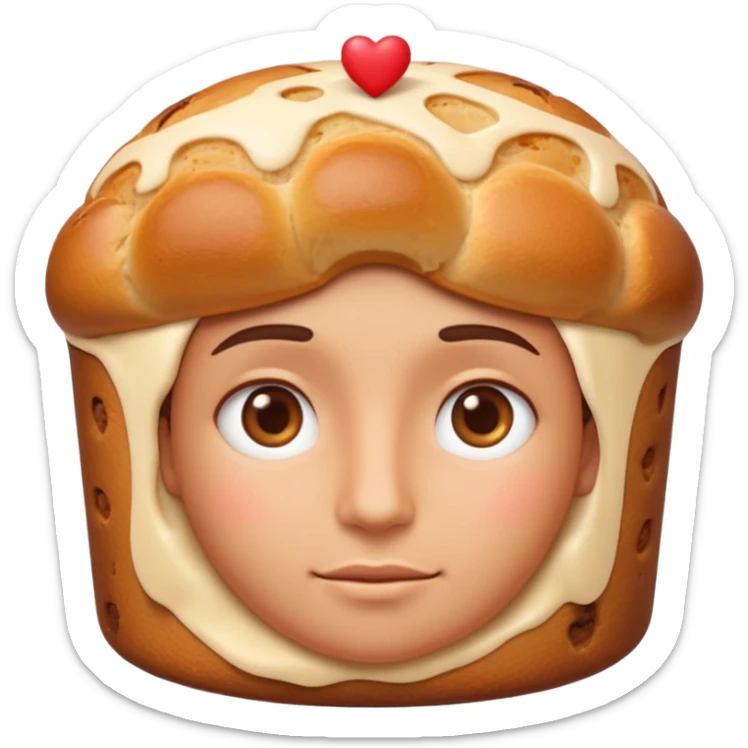 Apple-style emoji illustration of a person with dreamy eyes thinking of a traditional panettone, small hearts floating around, soft 3D emoji style, smooth gradients, rounded shapes, warm festive colors, simple expression, centered composition, transparent background, no text. sticker
