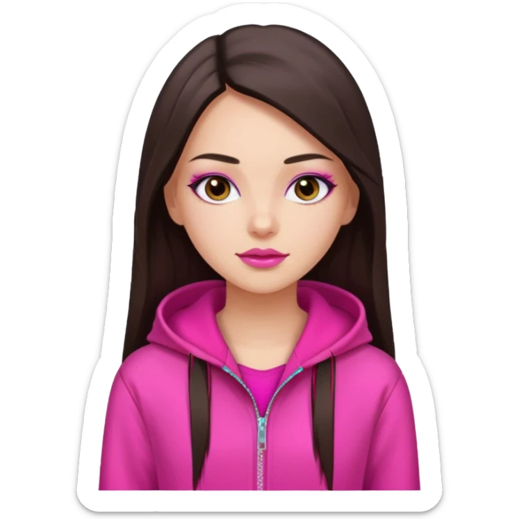 generate a pretty fair bratz girl with dark brown eyes, dark brown hair straight long. Wearing a hot pink zipper hoodie, pink lipgloss sticker