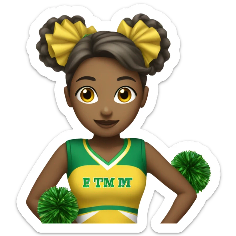 Cheerleader in greens and yellow uniform with pom poms sticker