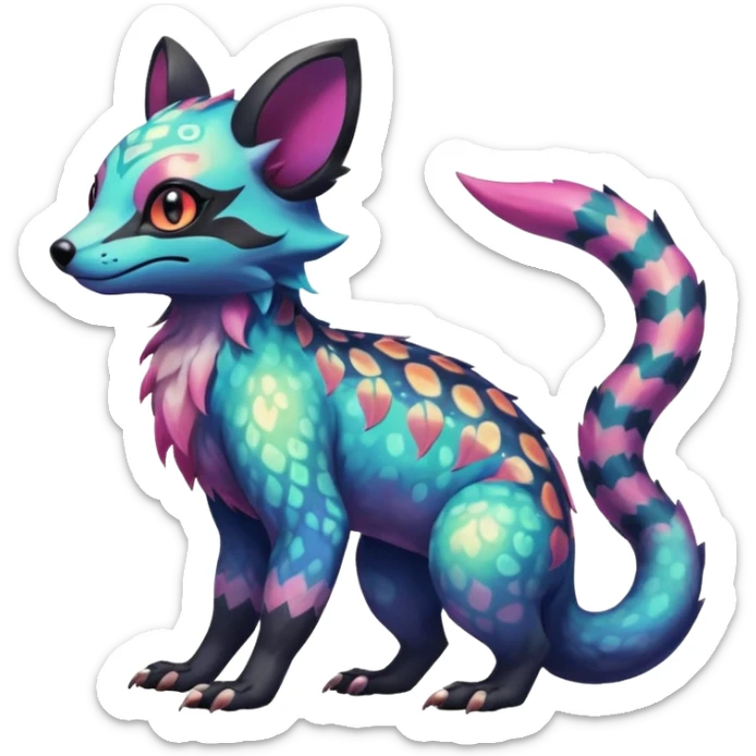 Rare iridescent white exotic epic aesthetic colorful Salandit-Eevee-Civet-species-Fakemon-hybrid-creature, with intricate tattoo markings, full body sticker