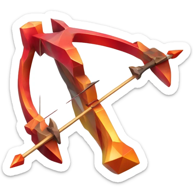 crossbow sculpture symbolizing Sagittarius with a geometric, faceted design. The symbol is standing upright with angular and disney features. The vibrant red flame colors highlights the sharp edges and planes. sticker