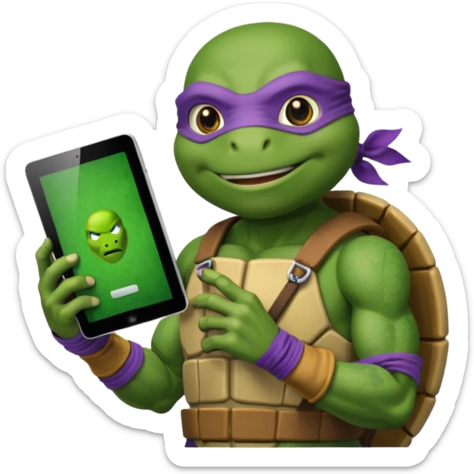 Donatello from Teenage Mutant Ninja Turtles, emoji style, holding a tablet with a hacking screen sticker