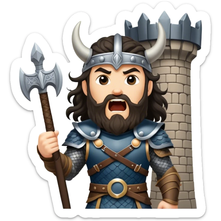vikingo con armadura de Asgard, pelo negro ondulado, de pie, grito de guerra en torre de Asgard. sticker